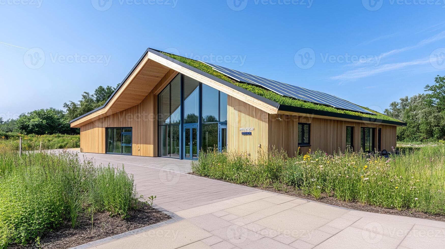 Modern eco-friendly house with green roof and solar panels in serene natural setting photo