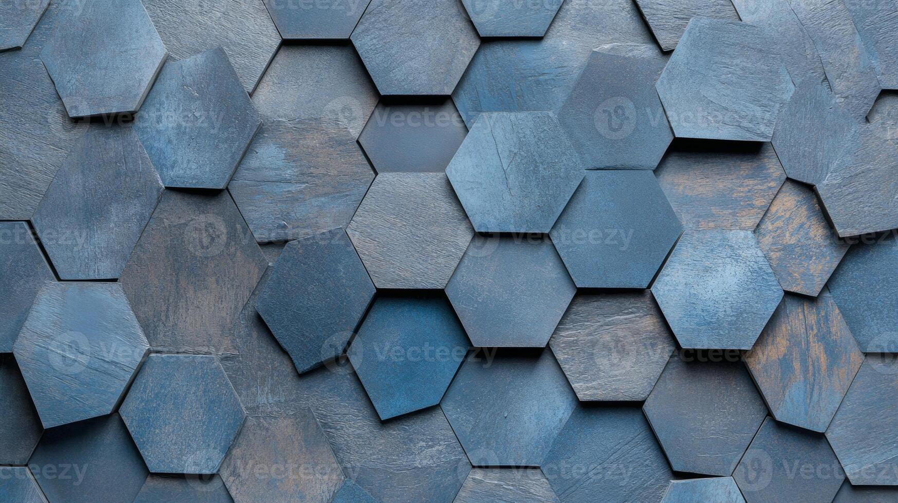 Futuristic abstract wall featuring 3D hexagonal tiles in dark and metallic shades with intricate textures photo