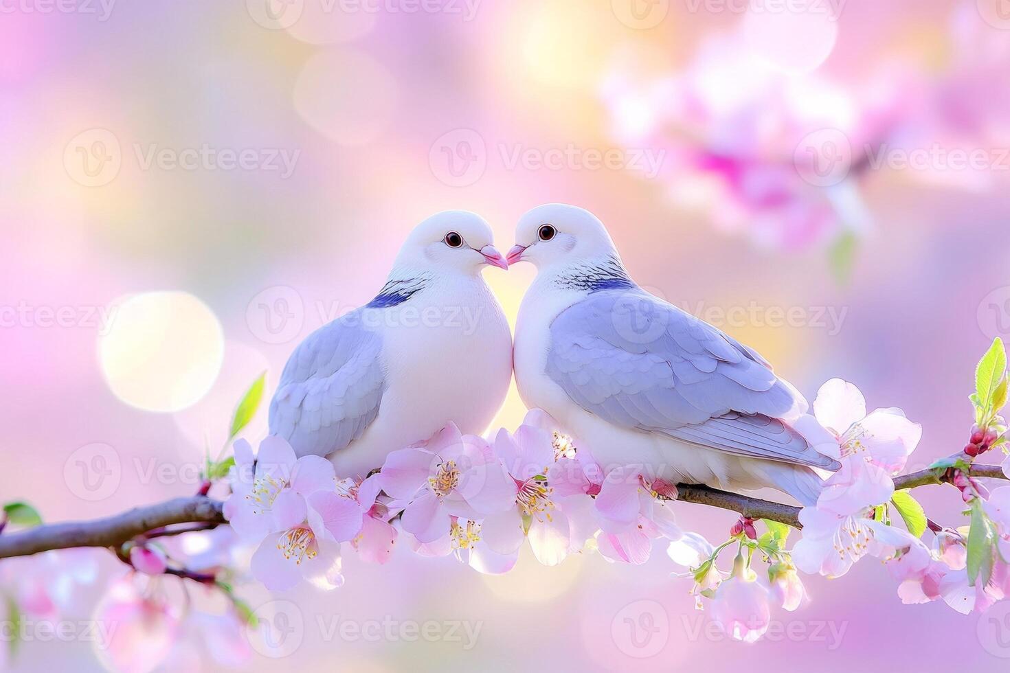 Doves perched on a flowering tree branch surrounded by gentle bokeh lights creating a romantic atmosphere photo