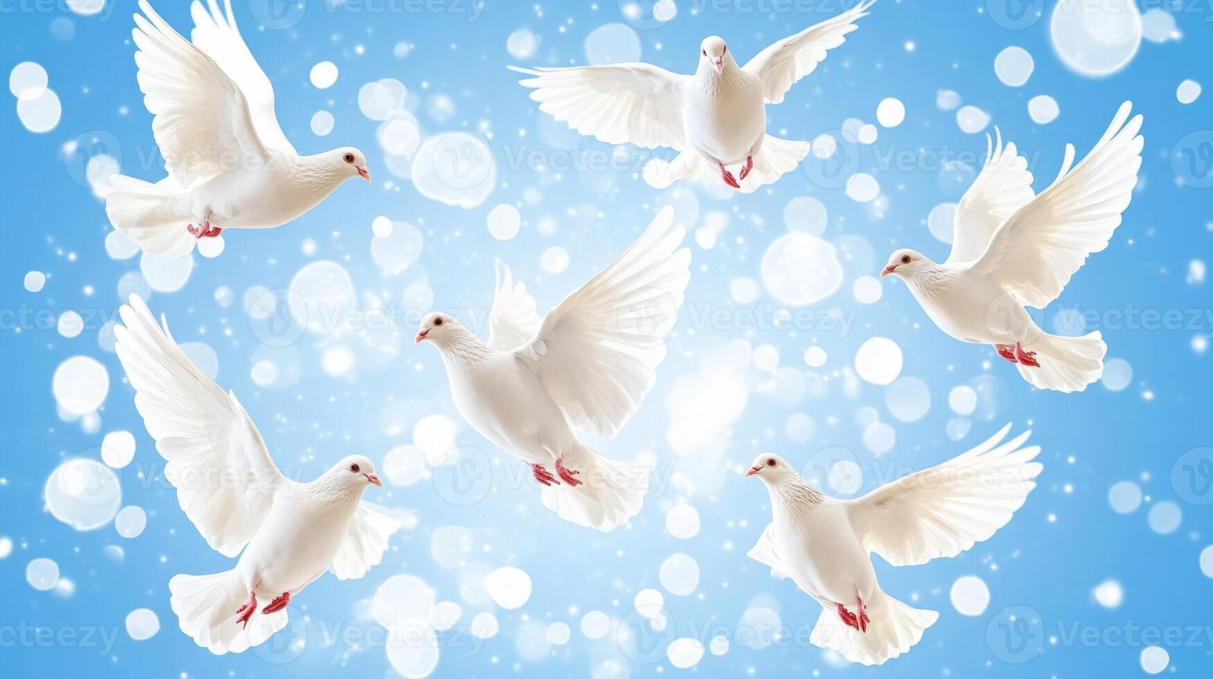 A flock of doves soaring high above in a clear blue sky symbolizes freedom and harmony in bright light photo