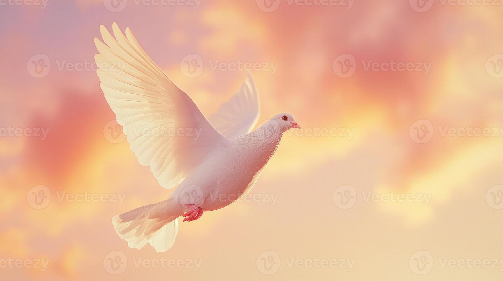 A single white dove soars gracefully against a pastel sky filled with golden sunlight symbolizing peace and freedom photo