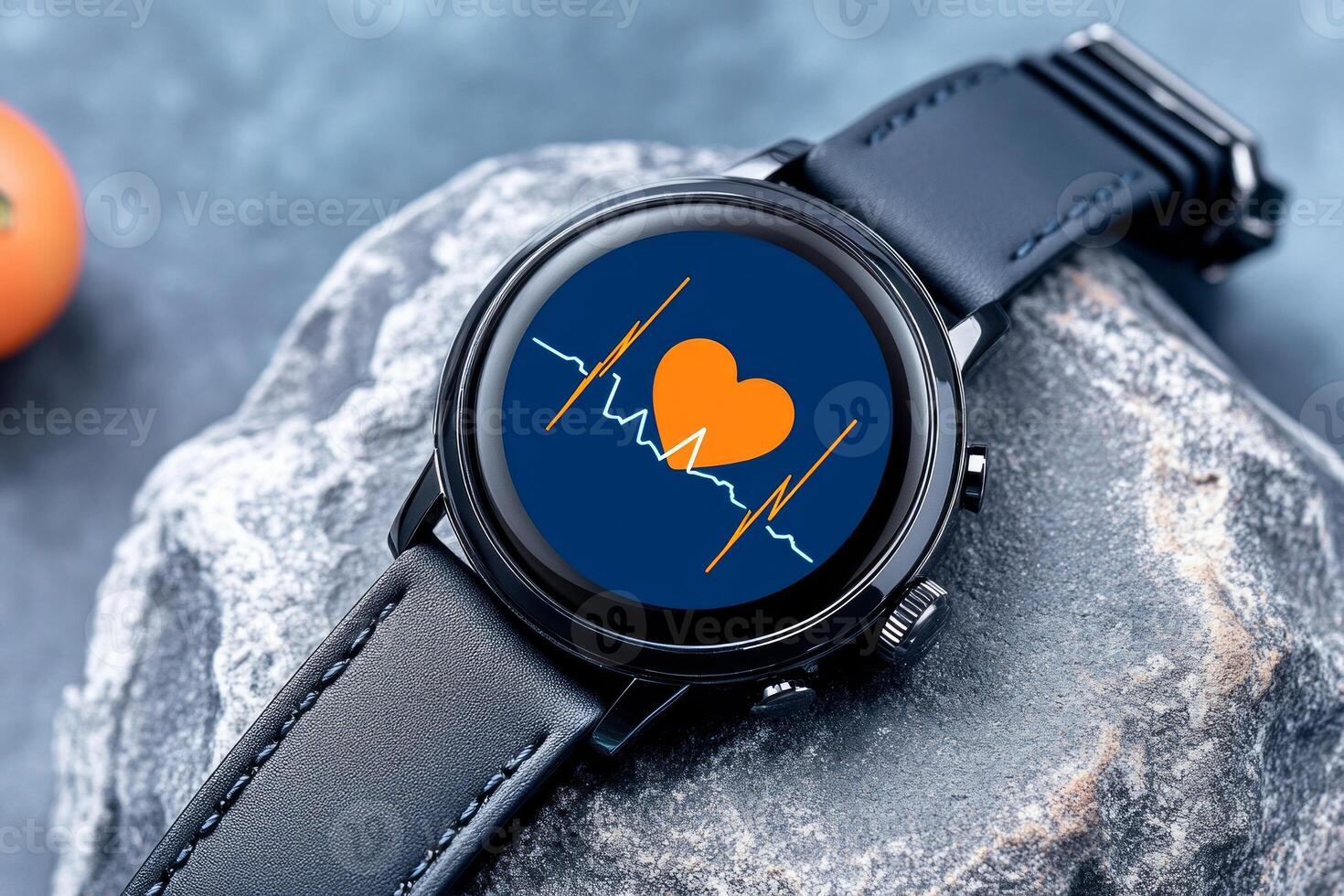 Modern digital watch with heart rate monitor app displaying ECG line and heart icon for fitness tracking photo