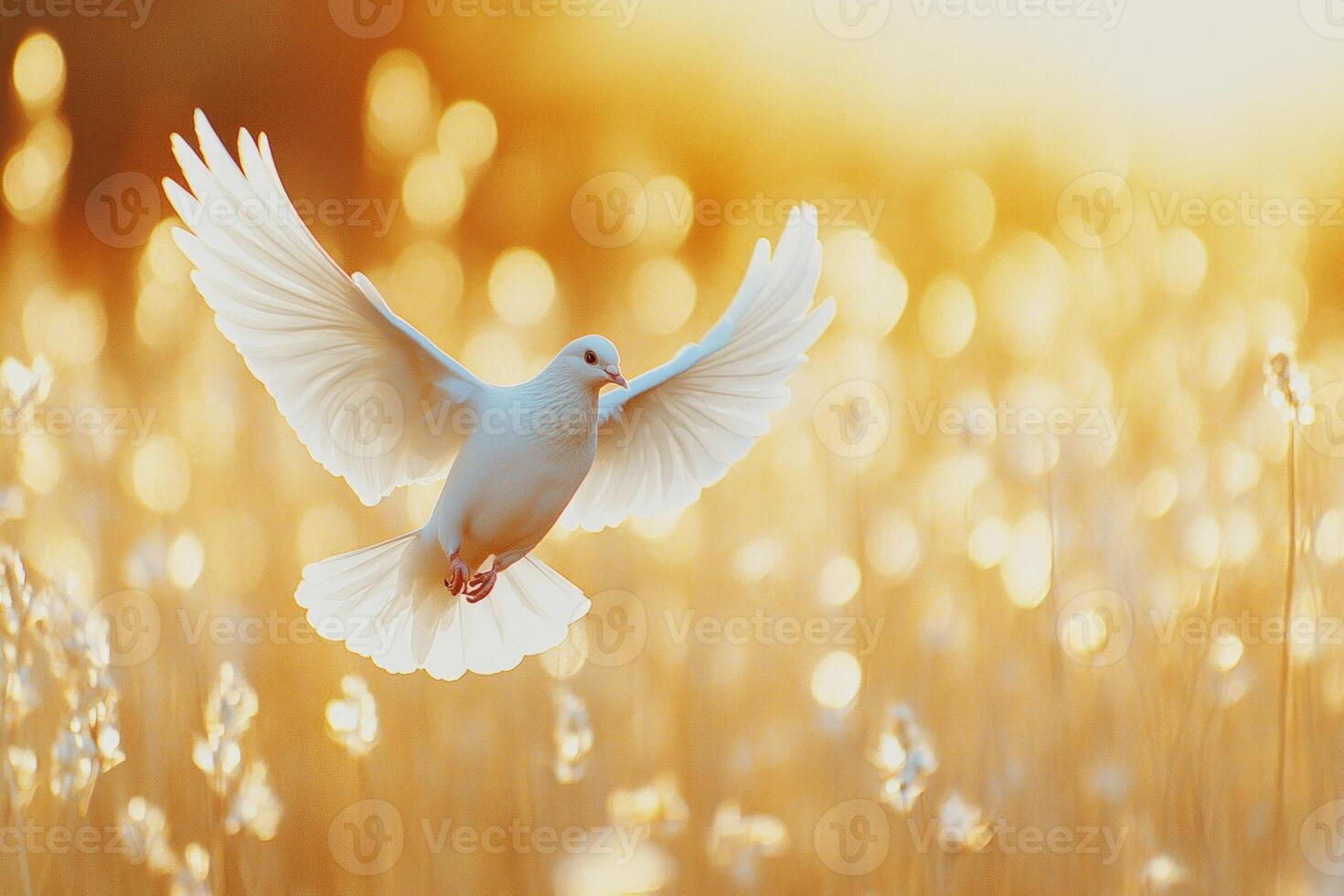 A serene white dove soaring in golden evening light with a blurred natural background photo