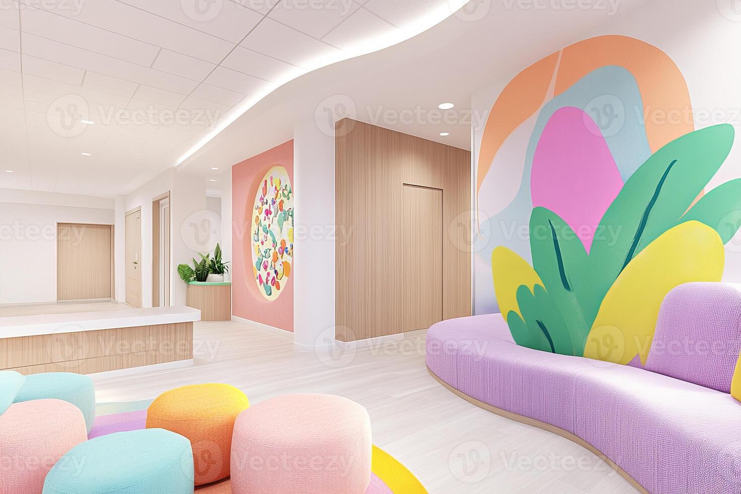 Bright and colorful modern clinic waiting area designed for comfort and relaxation photo