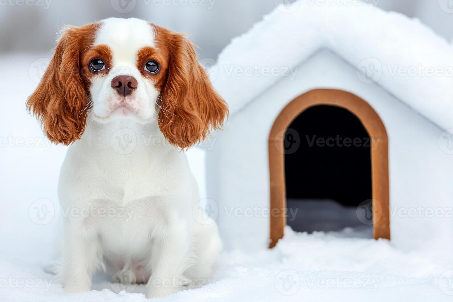 A Cavalier King Charles Spaniel sitting beside a snow-covered dog house in natural winter light photo