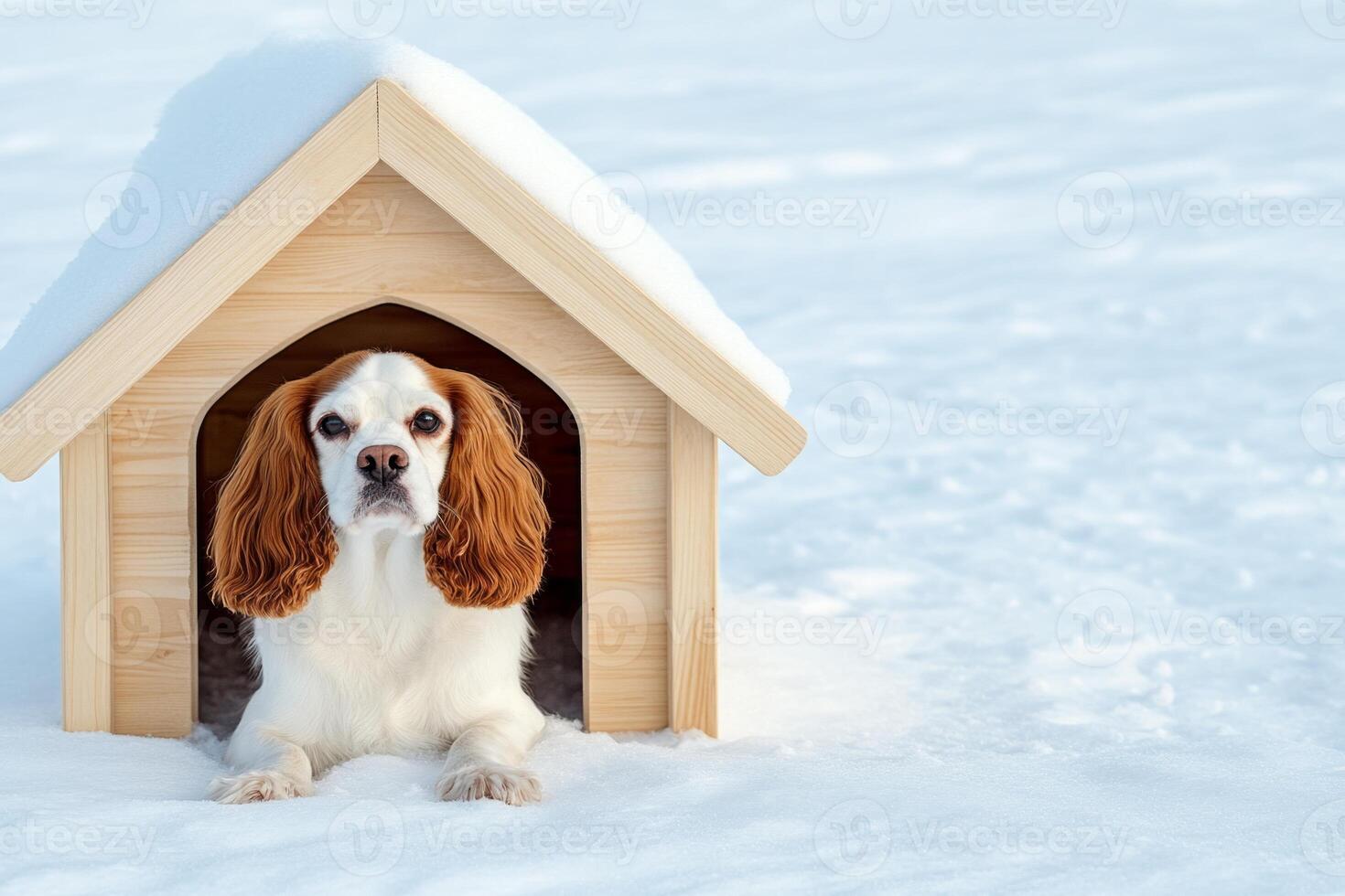 Cavalier King Charles Spaniel resting patiently beside a snow-covered dog house in winter sunlight photo