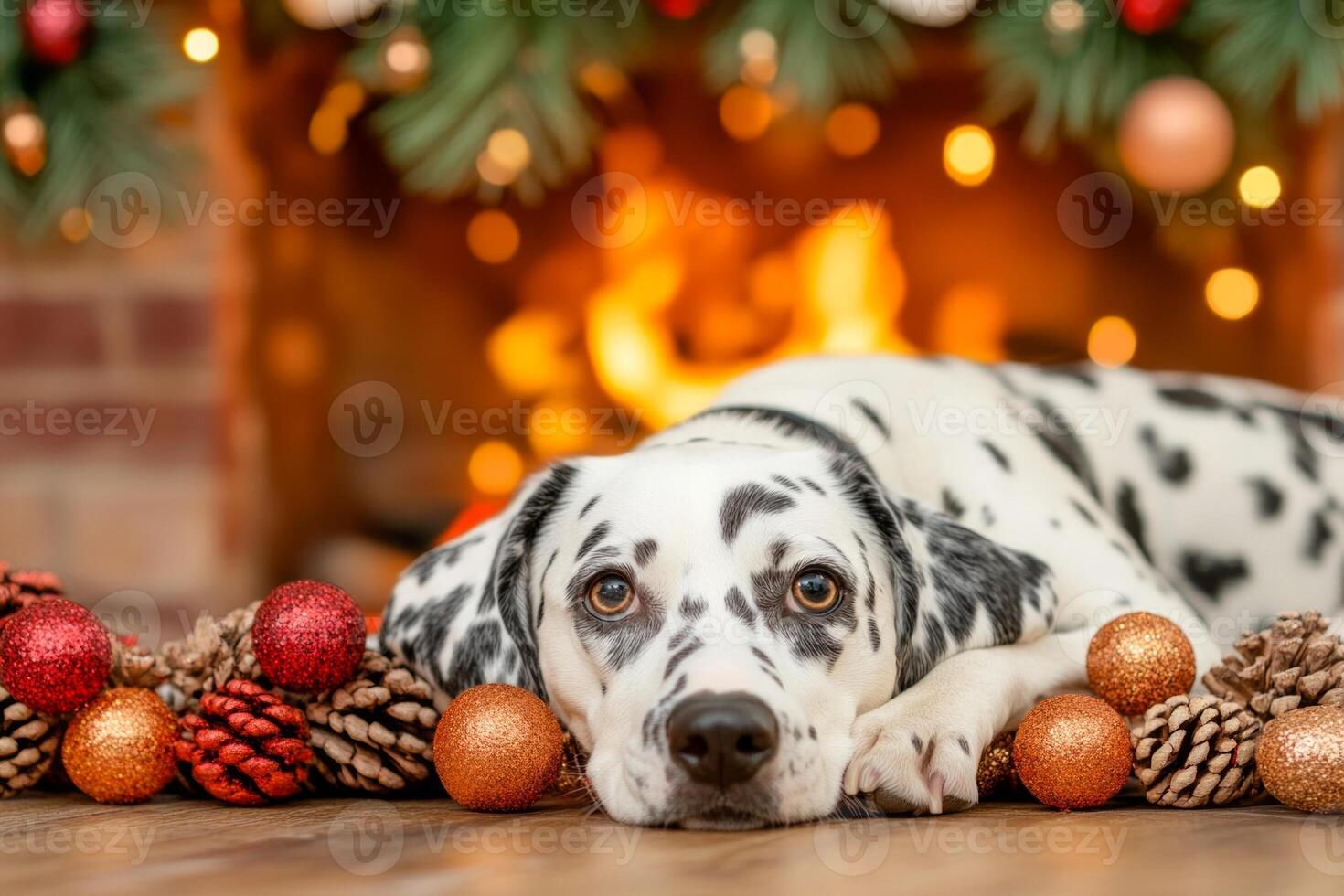 Dalmatian relaxing by a cozy, decorated fireplace with warm orange glow during the festive season photo