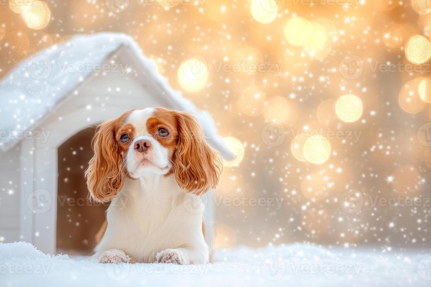 A Cavalier King Charles Spaniel rests beside a snow-covered dog house in natural winter light and soft snowflakes photo