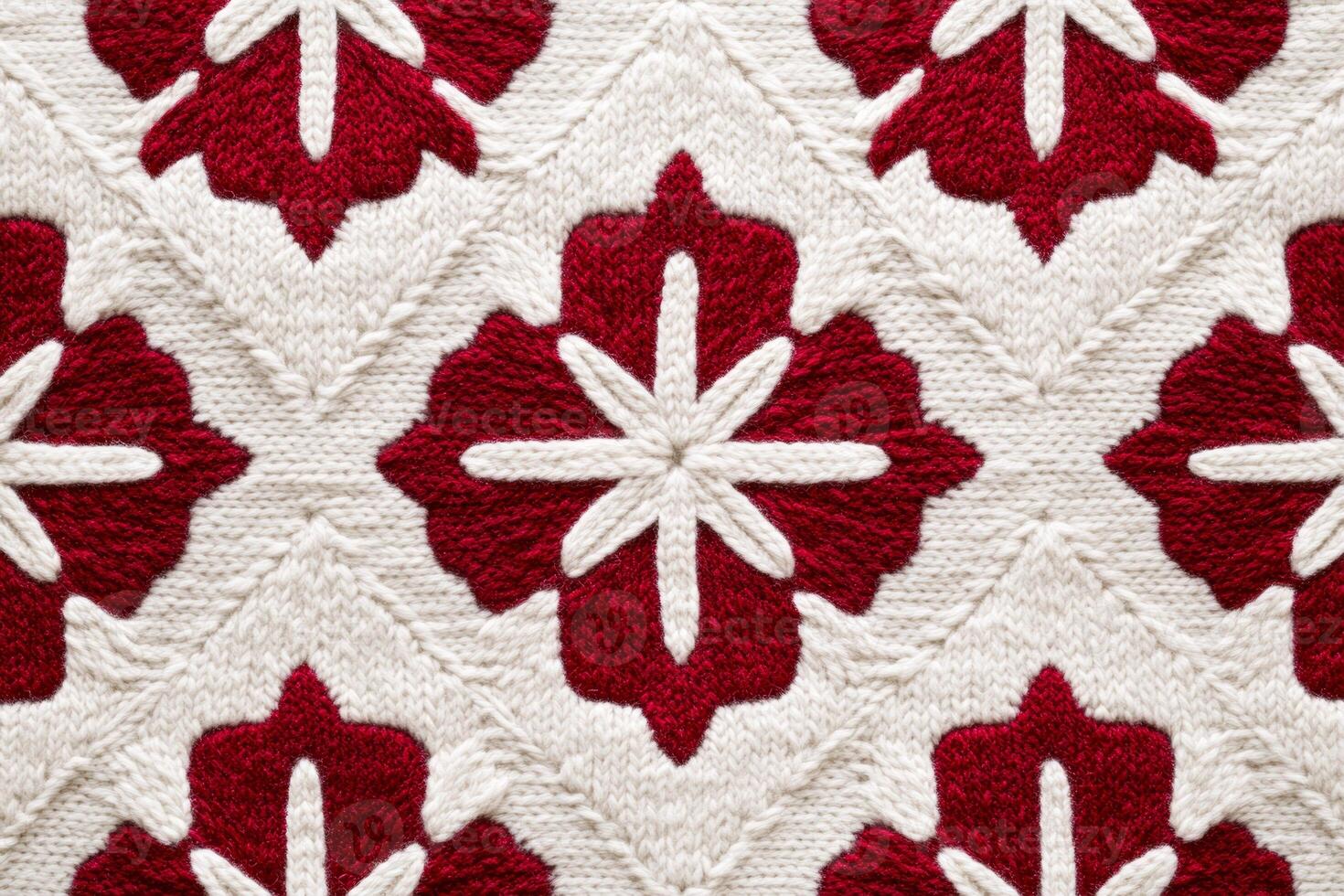 Cozy Scandinavian-inspired geometric pattern featuring festive red and white snowflakes for winter decor photo