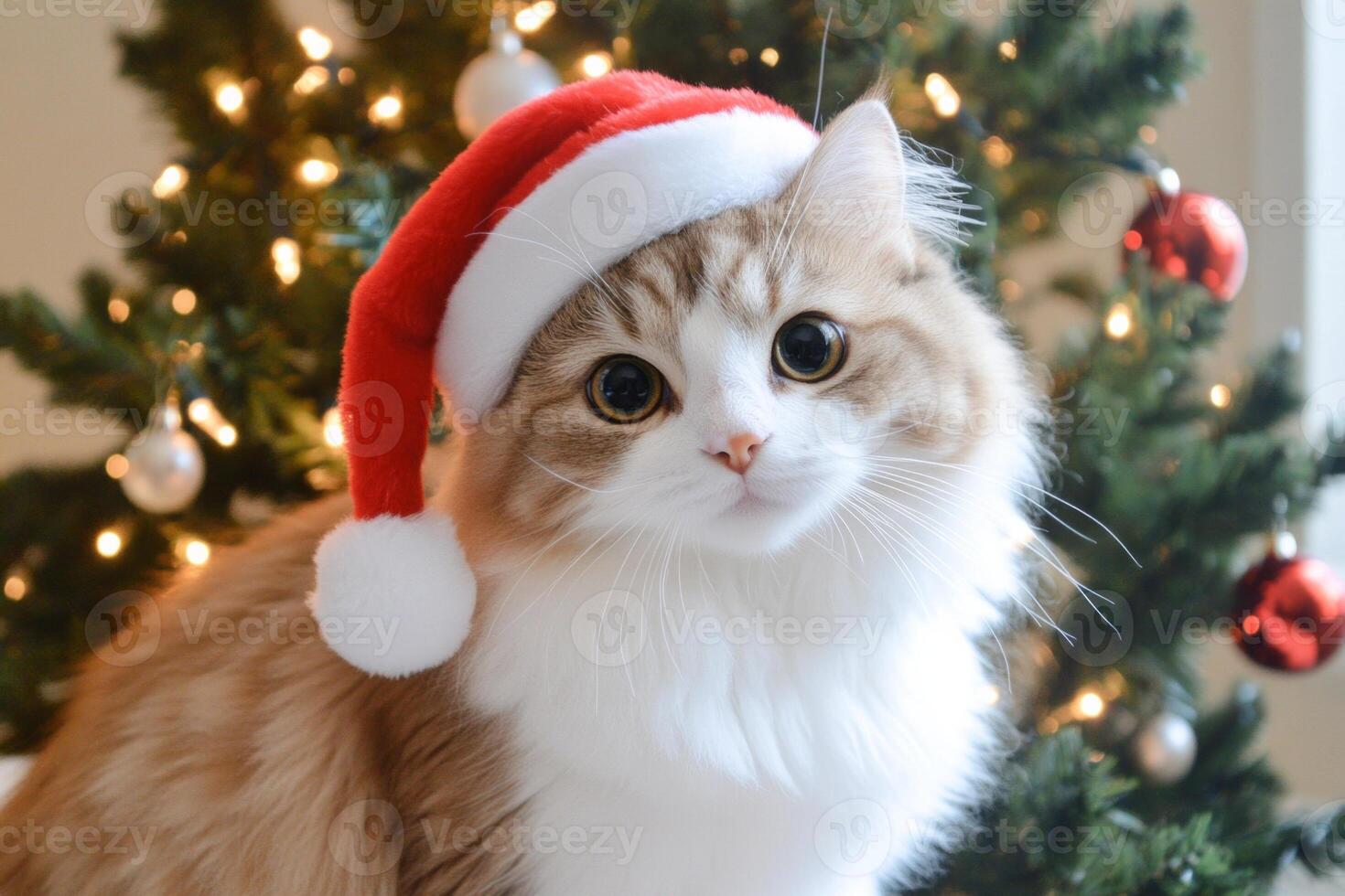A charming Scottish Fold cat in a Santa hat sits by a beautifully decorated Christmas tree with warm lights photo