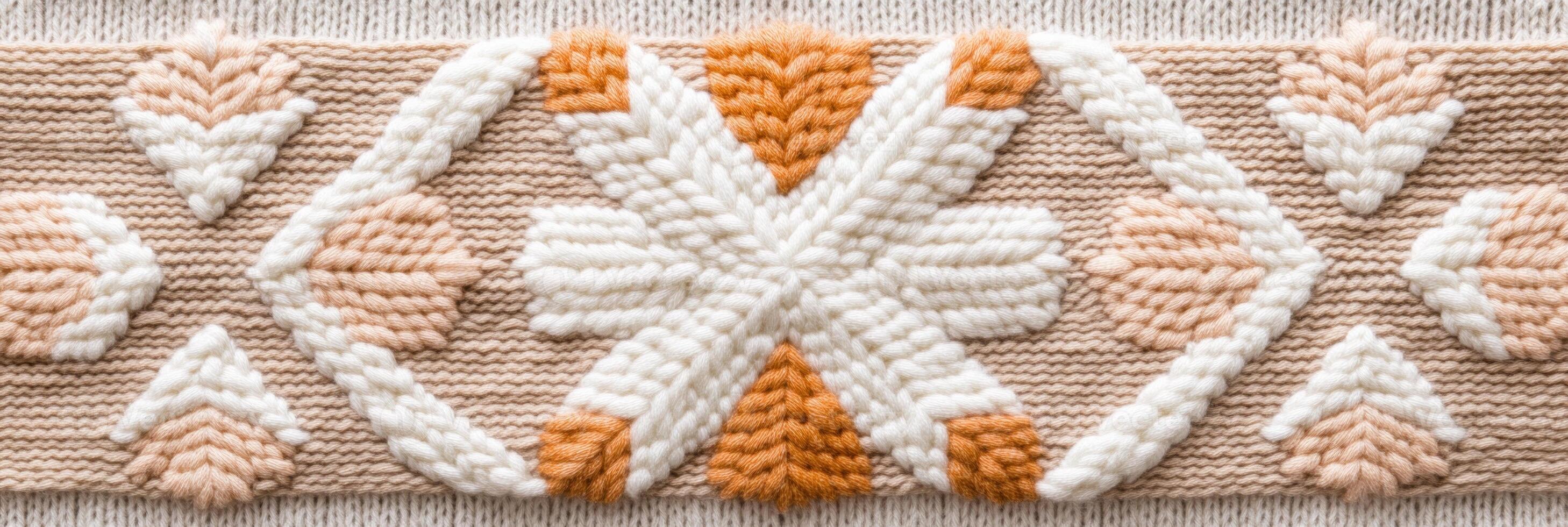 Cozy knitted Scandinavian pattern featuring geometric snowflakes and traditional symbols for winter warmth photo