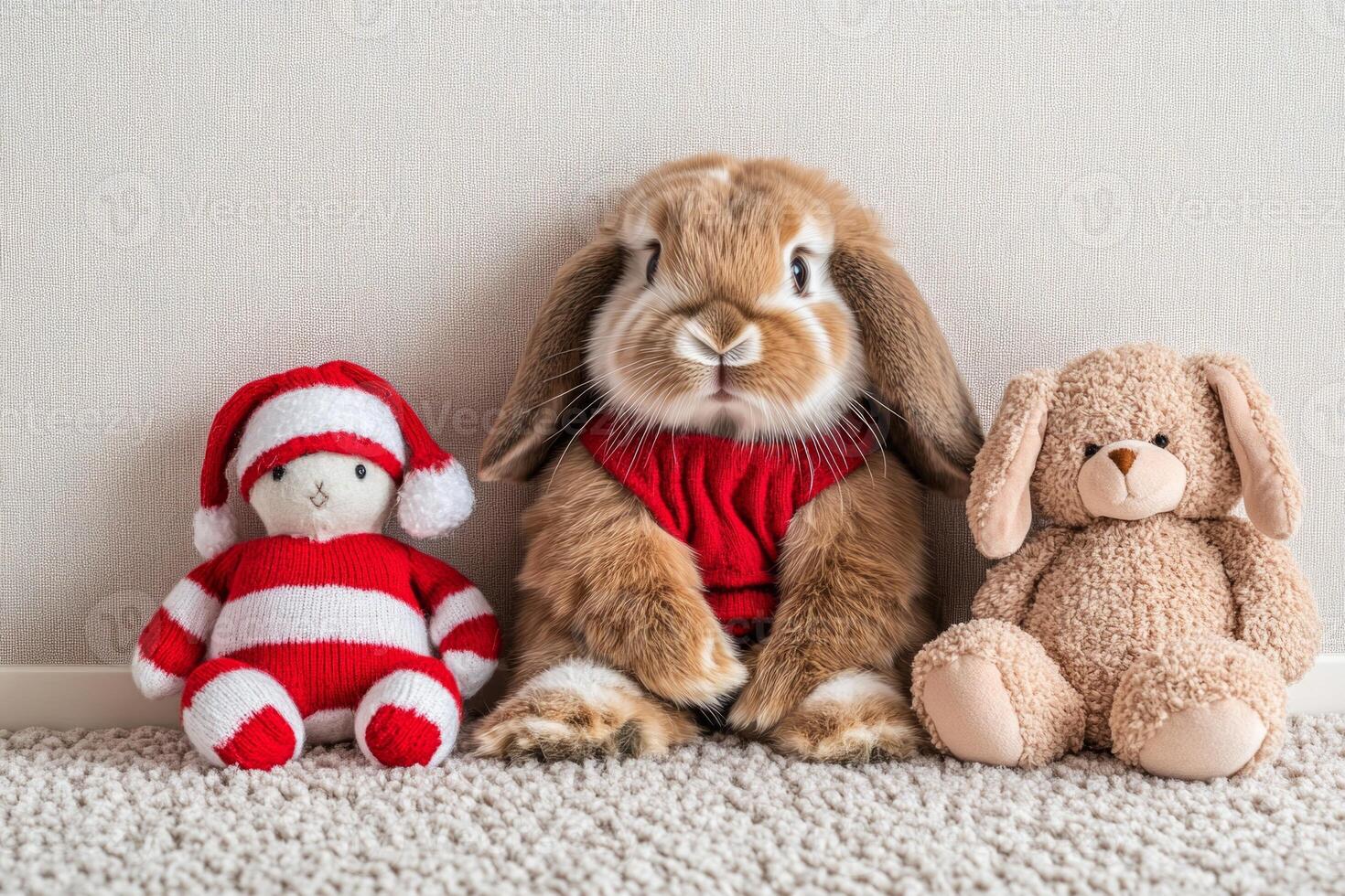 A fluffy rabbit in a festive holiday outfit sits beside soft toys on a light carpet in a cozy setting photo