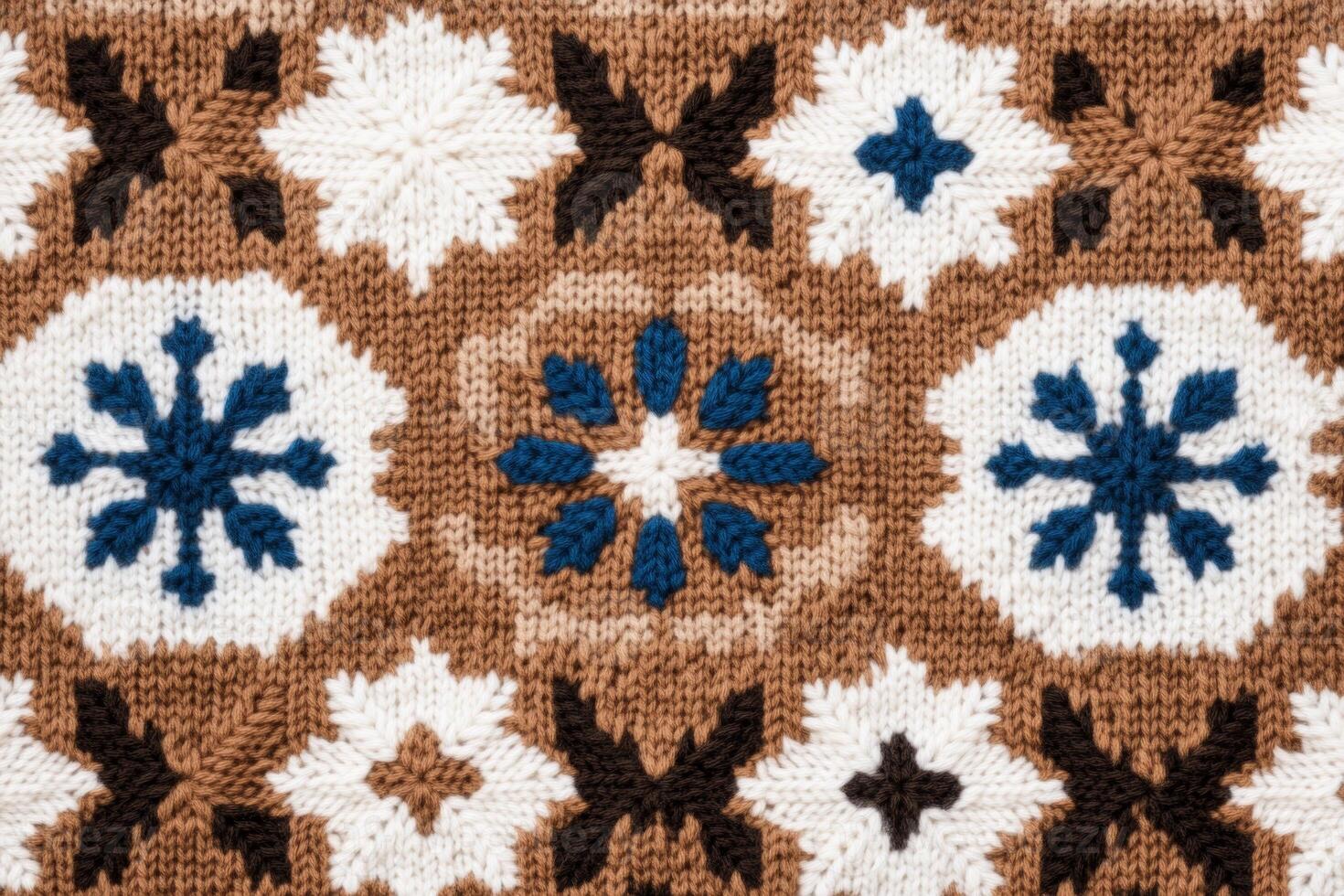 Cozy Scandinavian knitted pattern featuring geometric snowflakes and traditional symbols in earthy colors photo