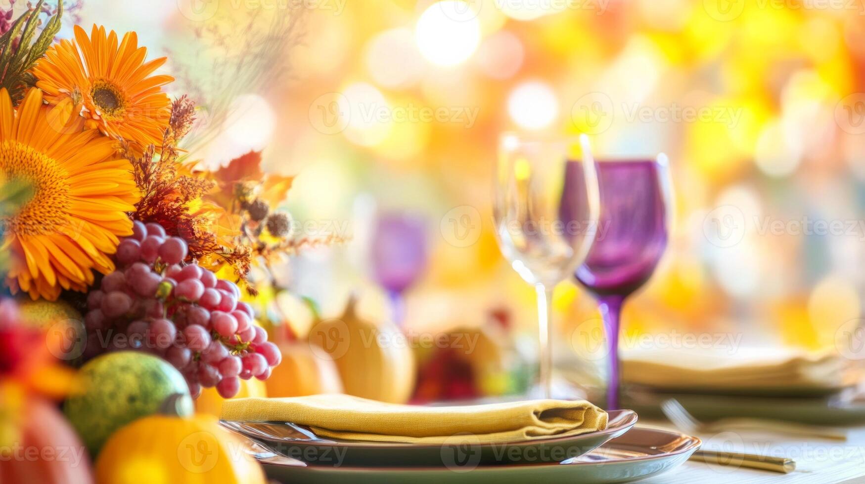 A rustic dining table setting with earthy tones and autumn decorations for a cozy gathering photo