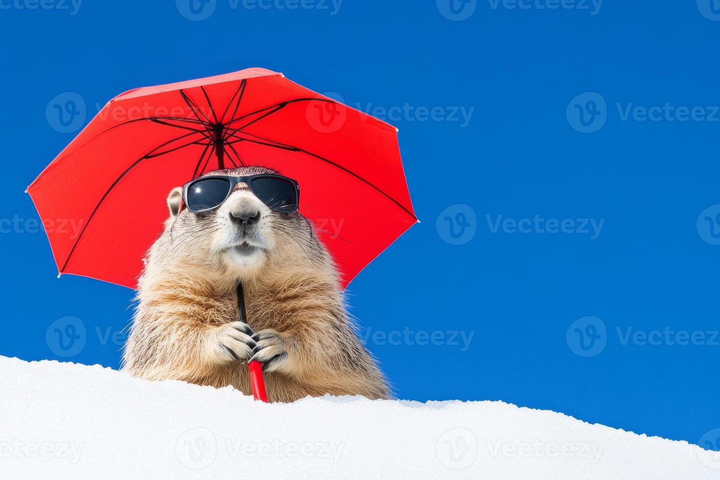 Cheerful groundhog in sunglasses holds a red umbrella while standing on snow under a bright blue sky photo