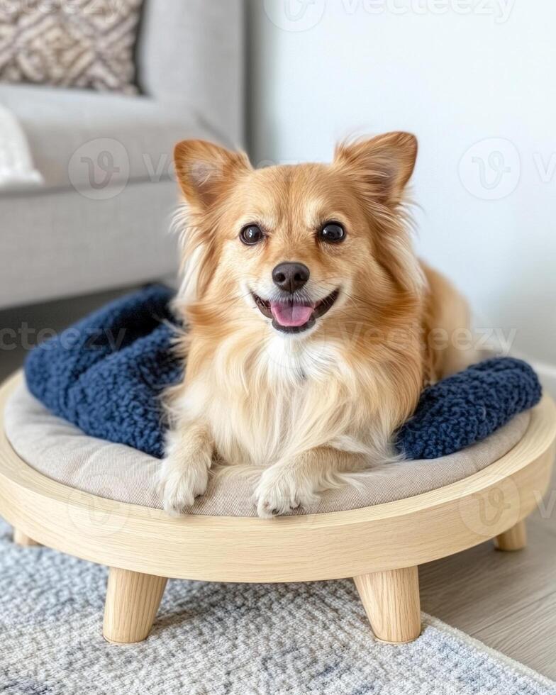 Cozy pet corner featuring a beige bed, navy blue blanket, and playful toys in a modern home setting photo