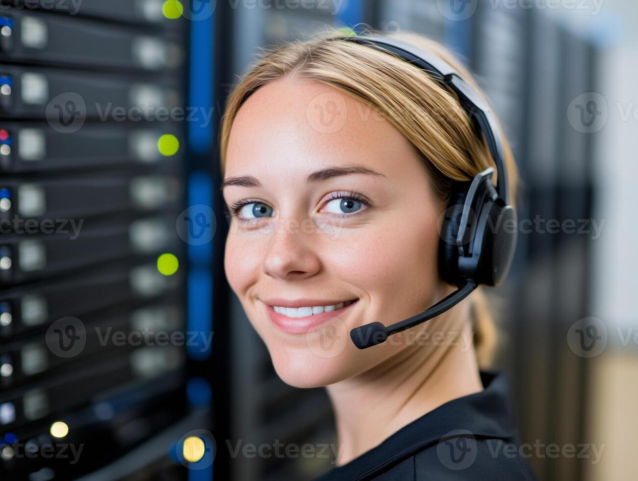 Female network technician monitors security and performance in a data center with advanced digital interfaces photo