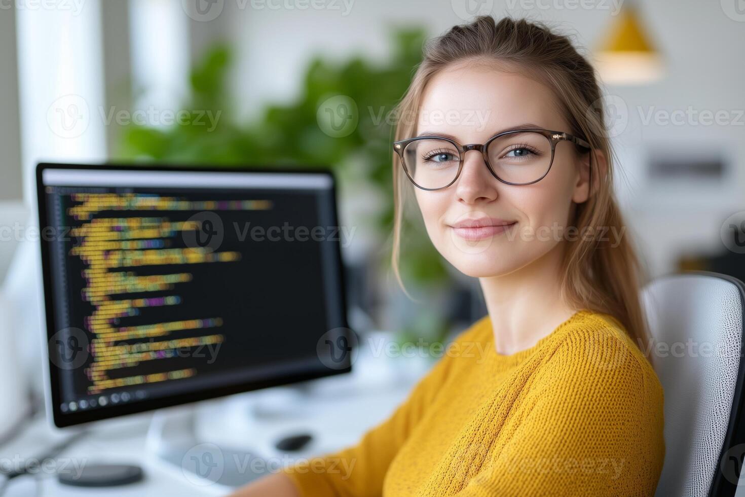 Female coder working in a modern office, engaging with digital data and cybersecurity elements photo