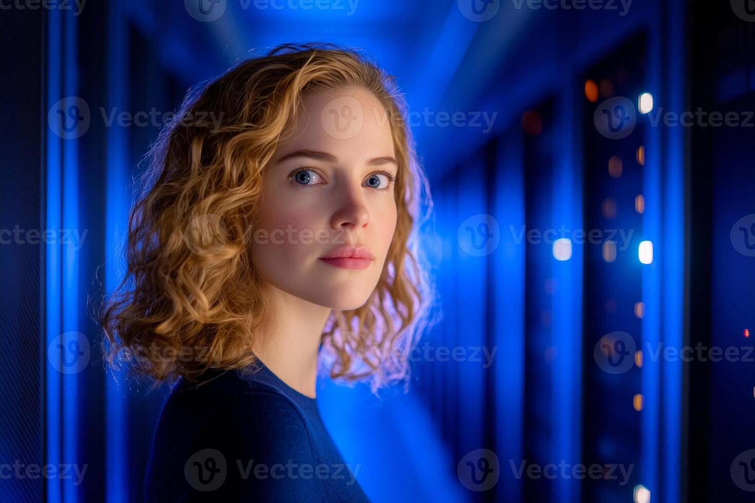 A woman works late in a dimly lit data center surrounded by server racks and blue lighting focused on her laptop photo