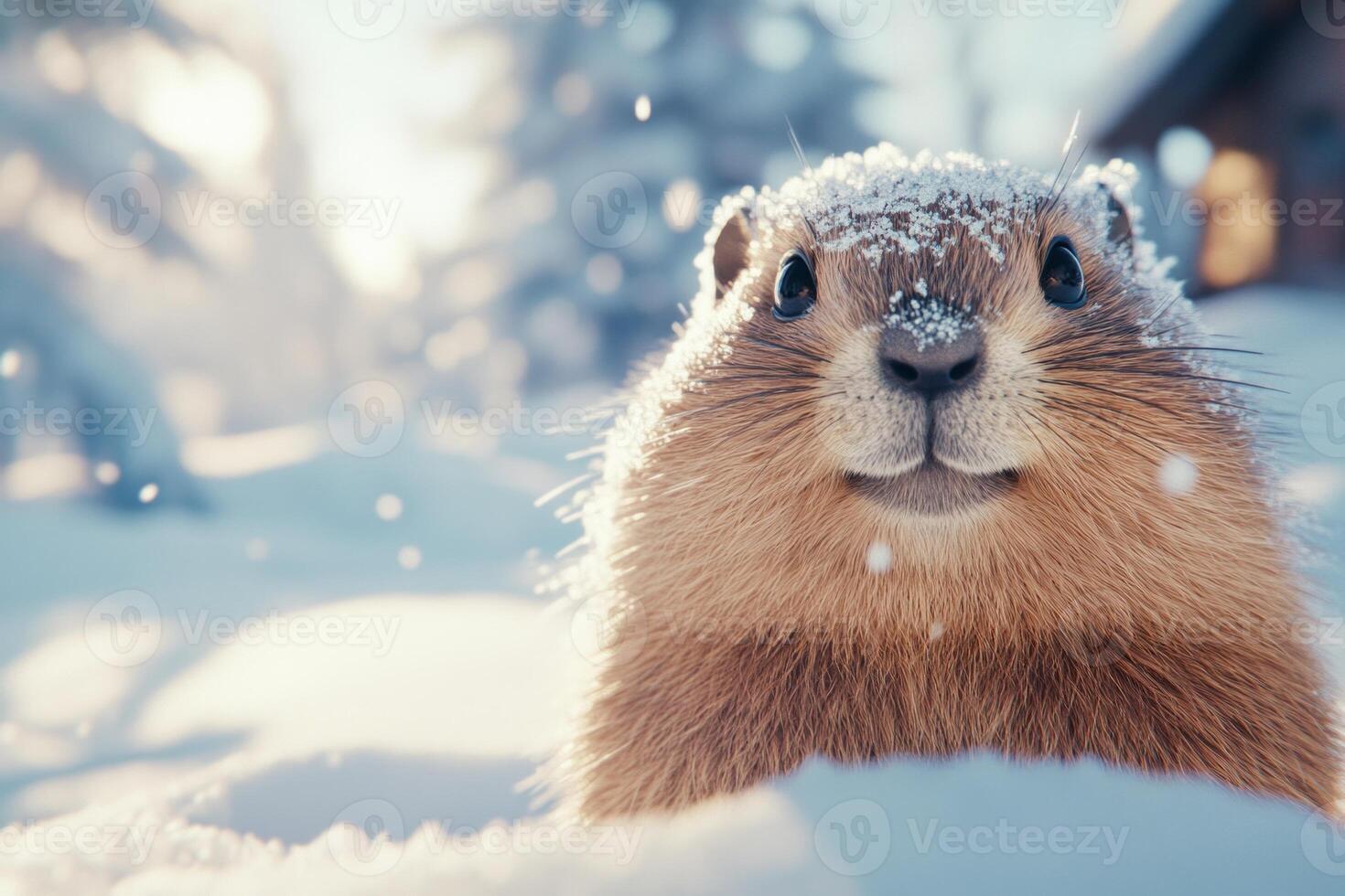 Groundhog Day celebration with groundhog emerging in snowy landscape surrounded by winter scenery photo