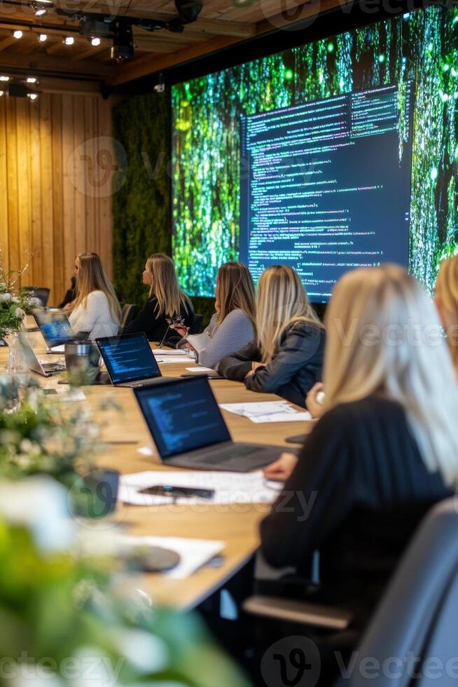 Team of women collaborating on coding strategies at a conference table in a modern office setting photo