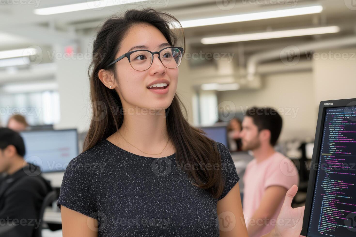 Female tech professional presenting innovative software solutions to engaged colleagues in a modern office environment photo