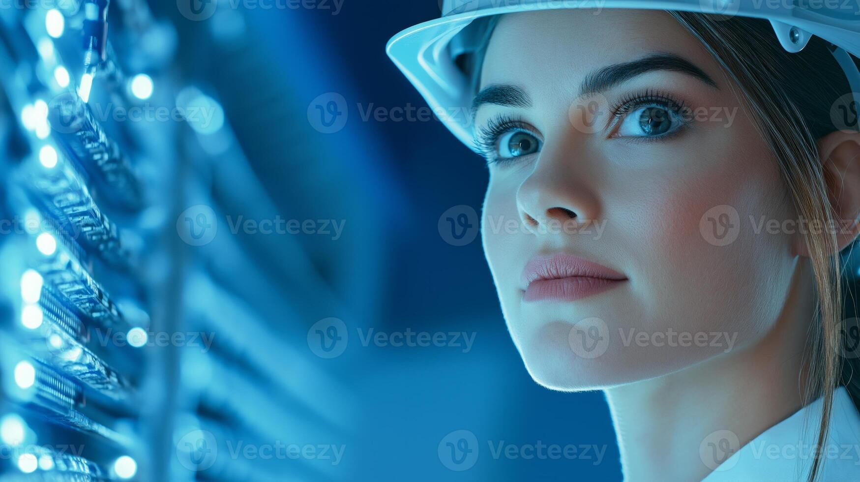 Female engineer inspecting server racks in a data center while ensuring safety and connectivity photo