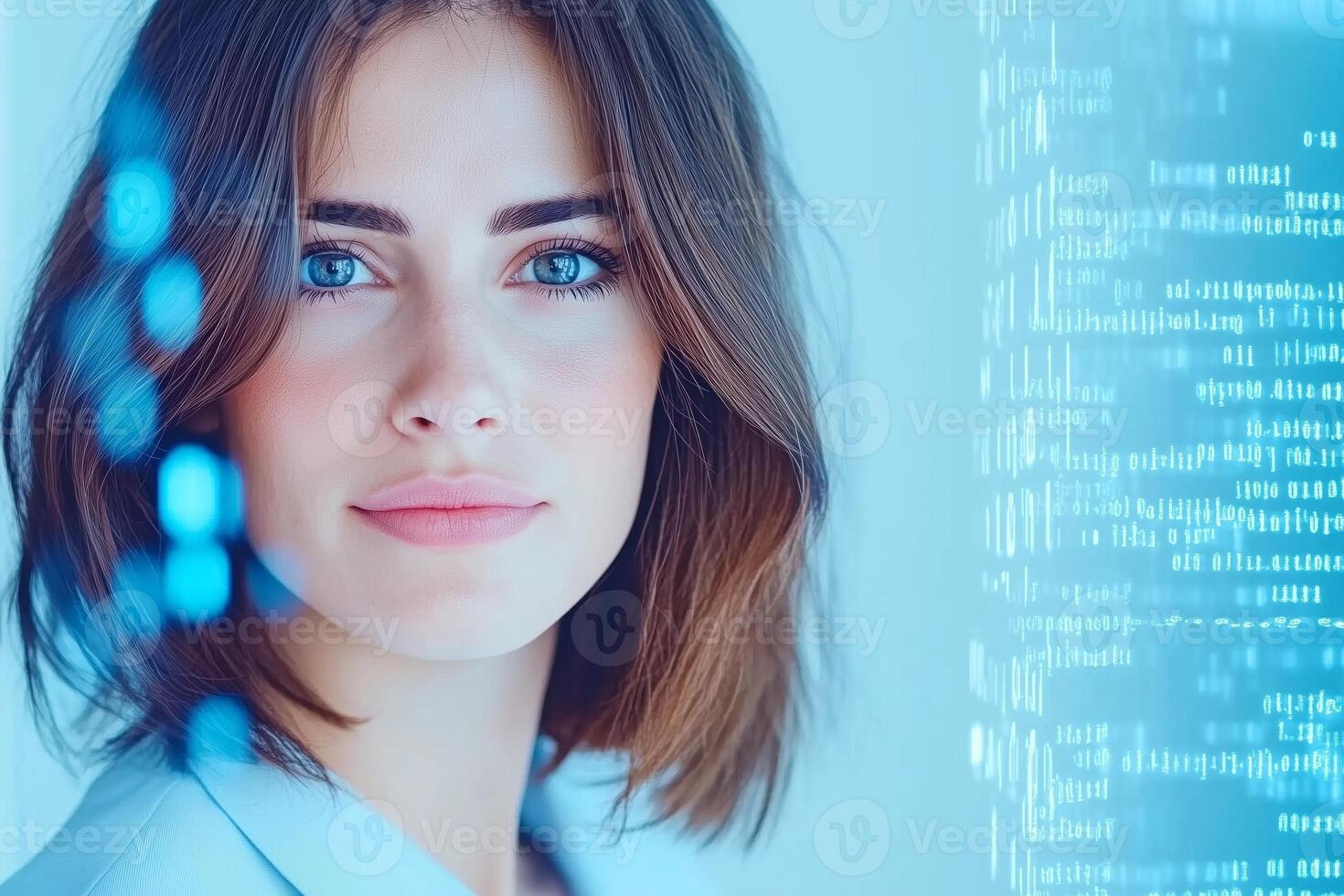 A female coder at work in a modern office with digital holographic data and cybersecurity visuals photo