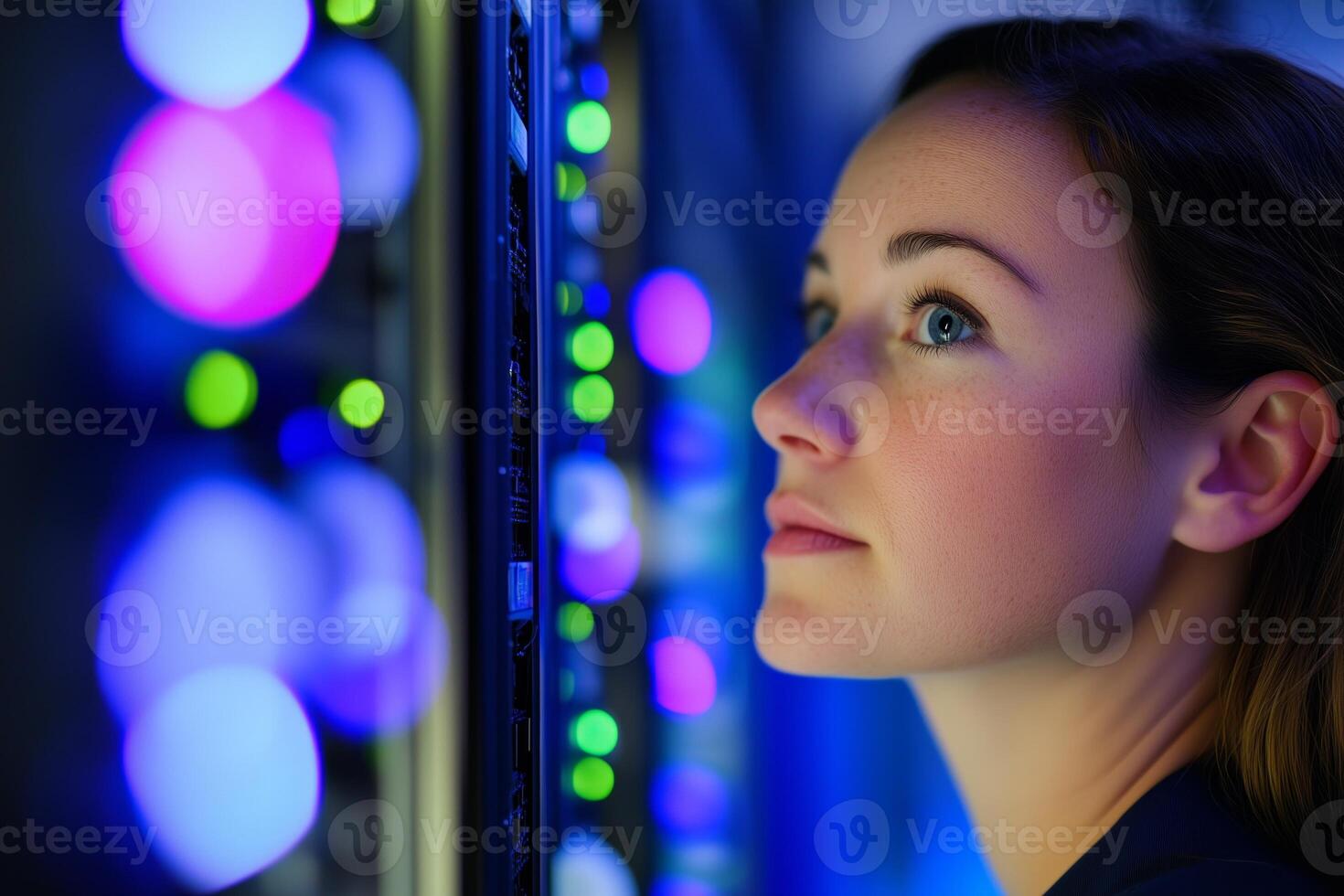Woman working late at night in a data center with rows of servers and blue lighting photo
