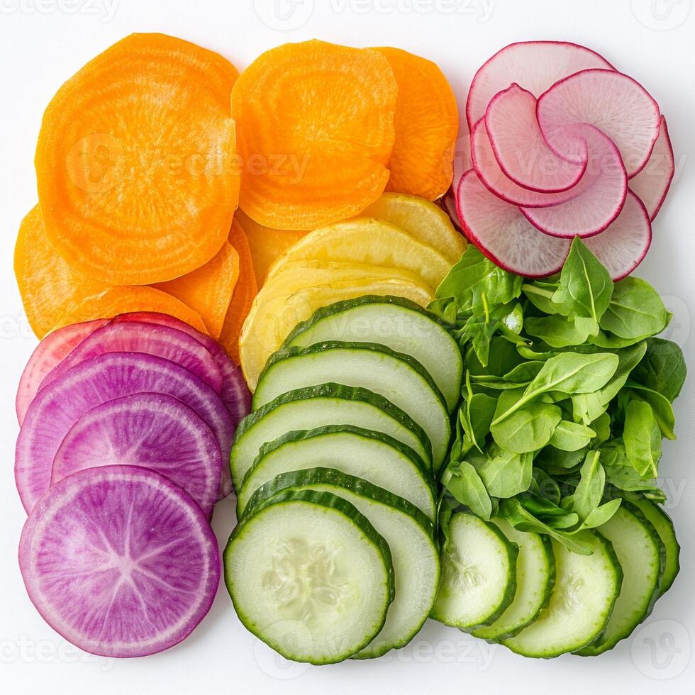 Sliced raw sweet potatoes and colorful vegetables arranged on a clean white background for healthy food presentation photo
