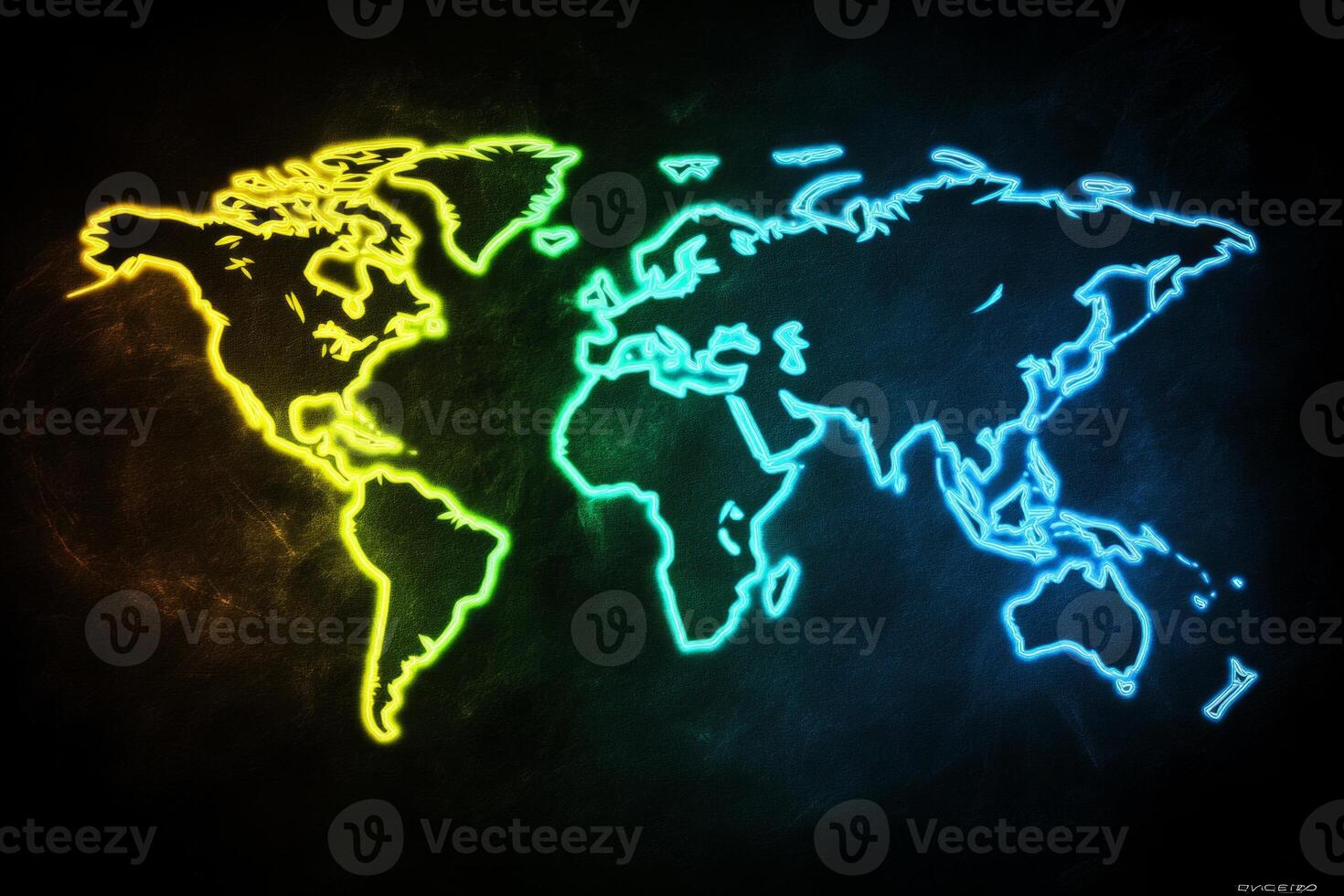 Neon outline of a world map glowing in green and blue against a dark background photo