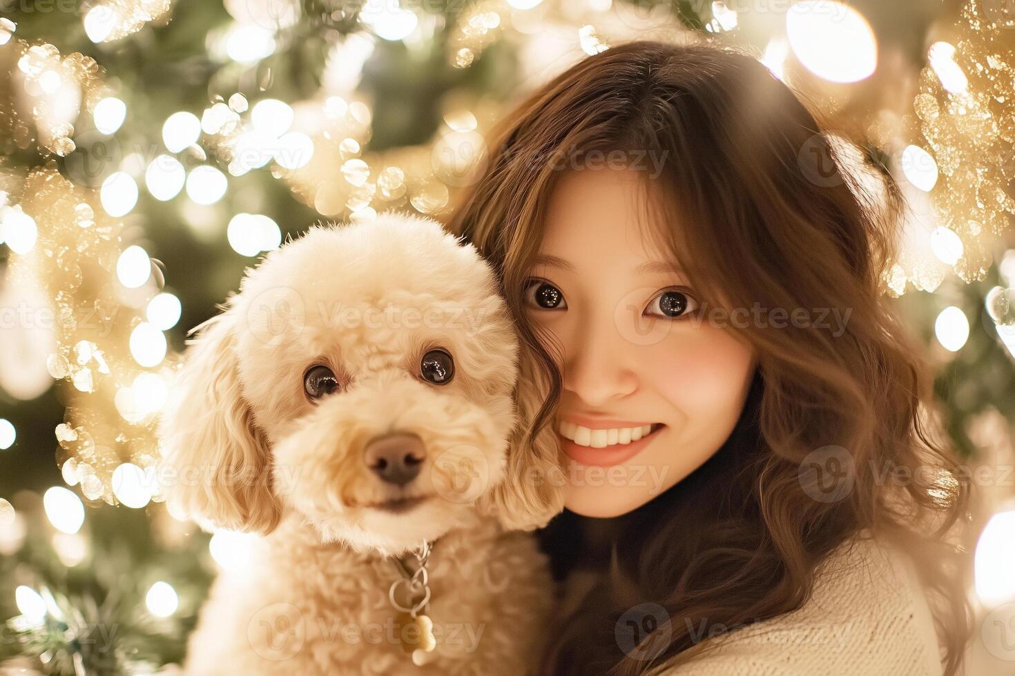A woman takes a joyful selfie with her poodle in front of a beautifully decorated Christmas tree photo