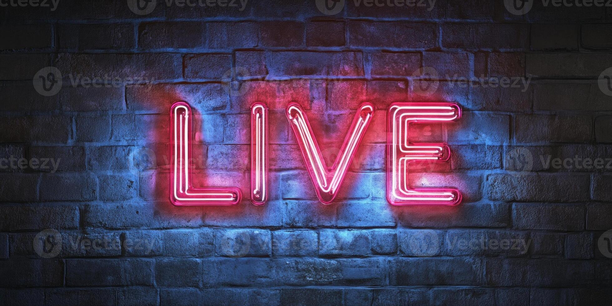 Bold neon sign with vibrant colors spells LIVE against a dark urban backdrop in a lively city night photo