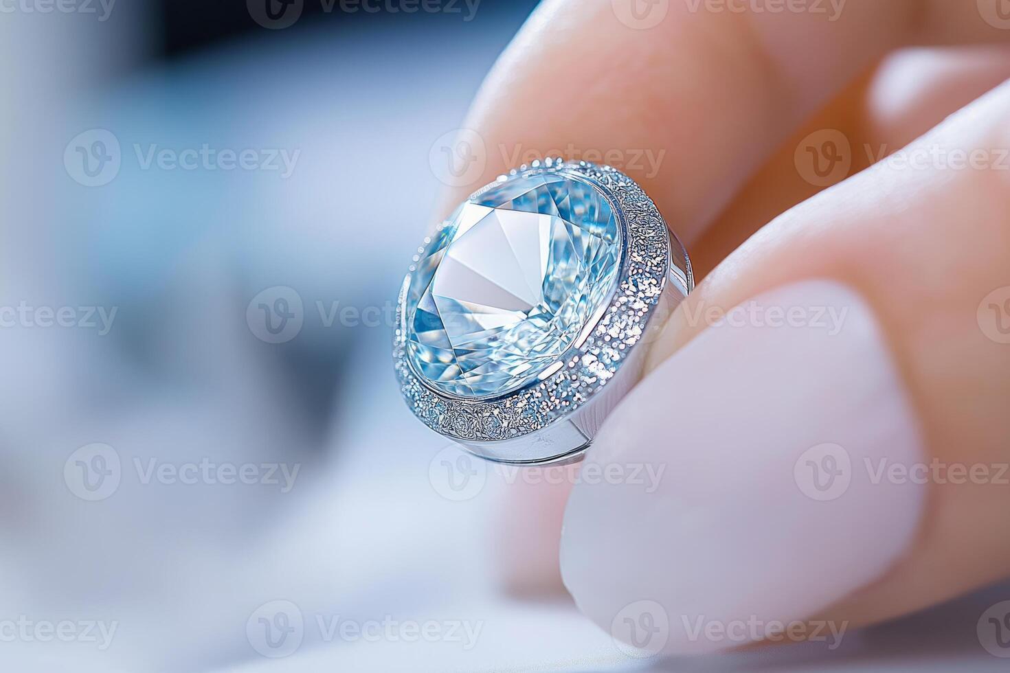 Jeweler working at a bench, examining a sparkling blue gemstone with magnifying tools in a bright workshop photo