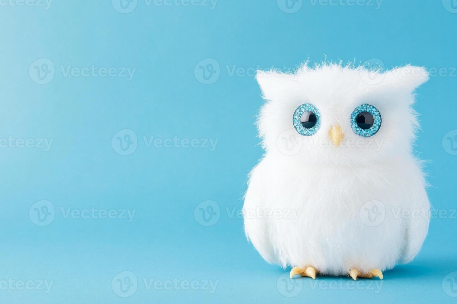 Fluffy owl with gemstone eyes on blue canvas background in soft daylight photo