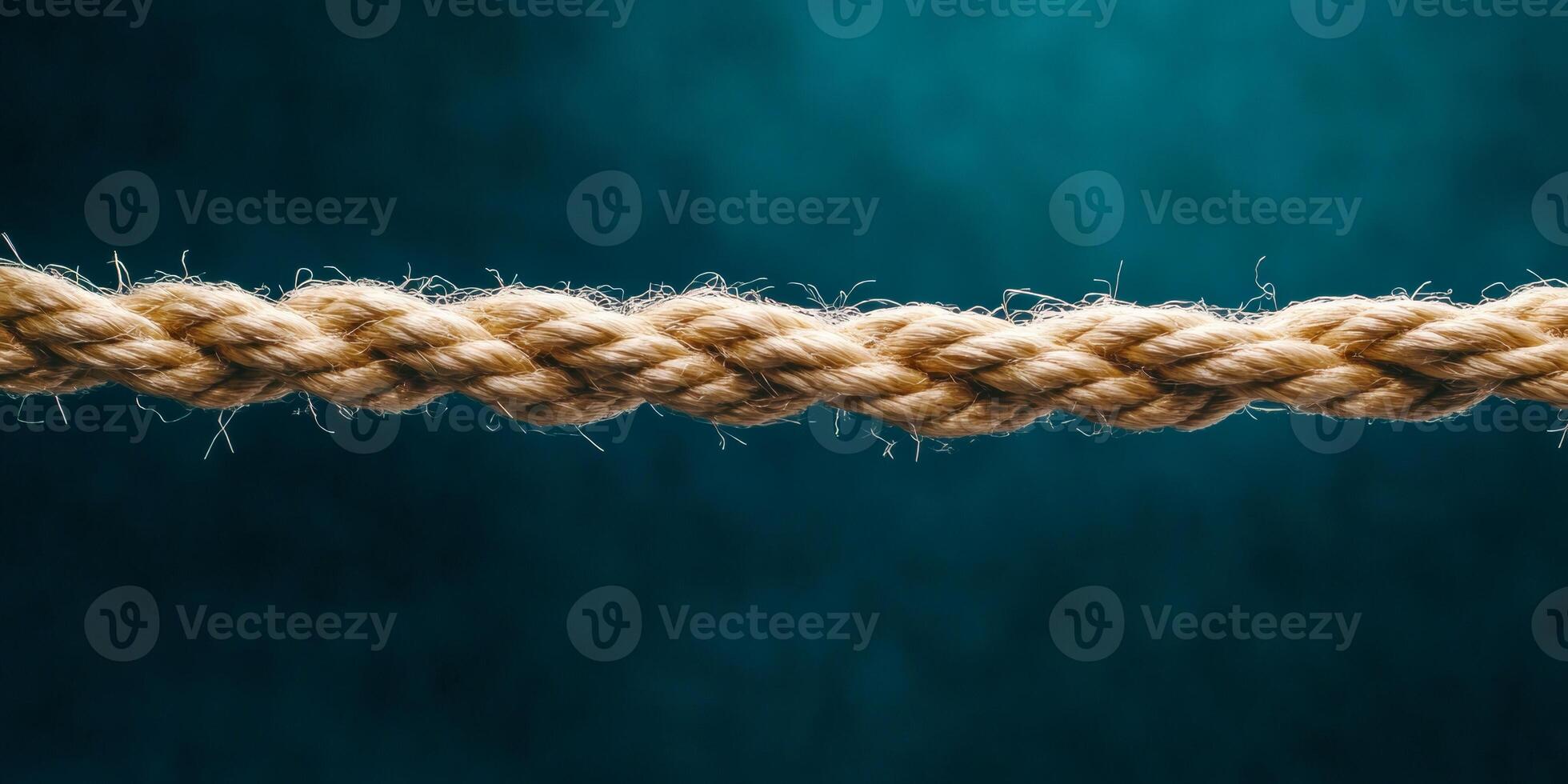 Close-up of a frayed rope on the verge of breaking against a dark background highlighting stress and tension photo