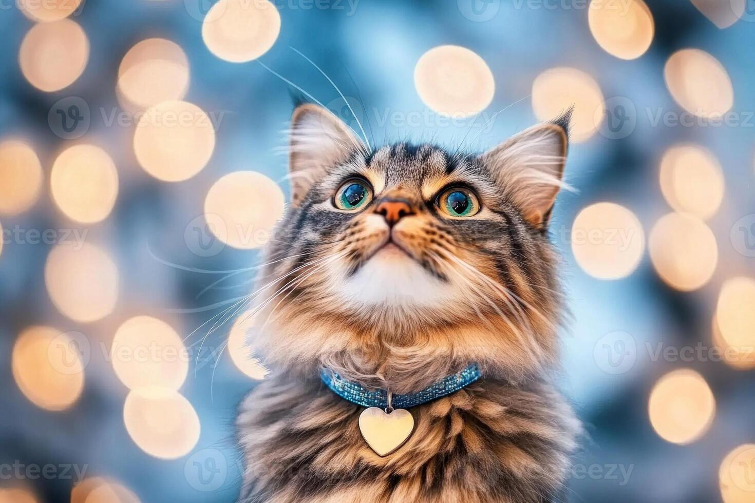 A Maine cat with a heart-shaped gemstone stands among glowing lights in a tranquil evening forest photo