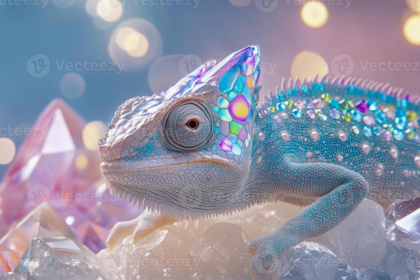 A vibrant chameleon rests on sparkling crystals in a soft, dreamy background with bokeh lighting photo