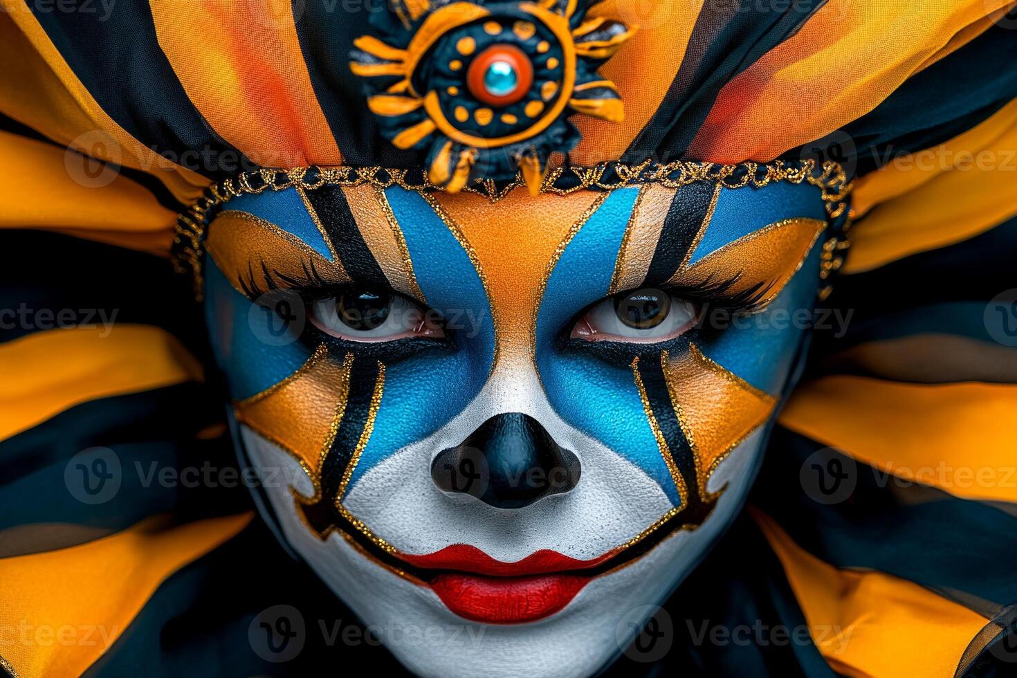 Dramatic clown mask with vivid colors and unsettling expression against a dark carnival backdrop photo