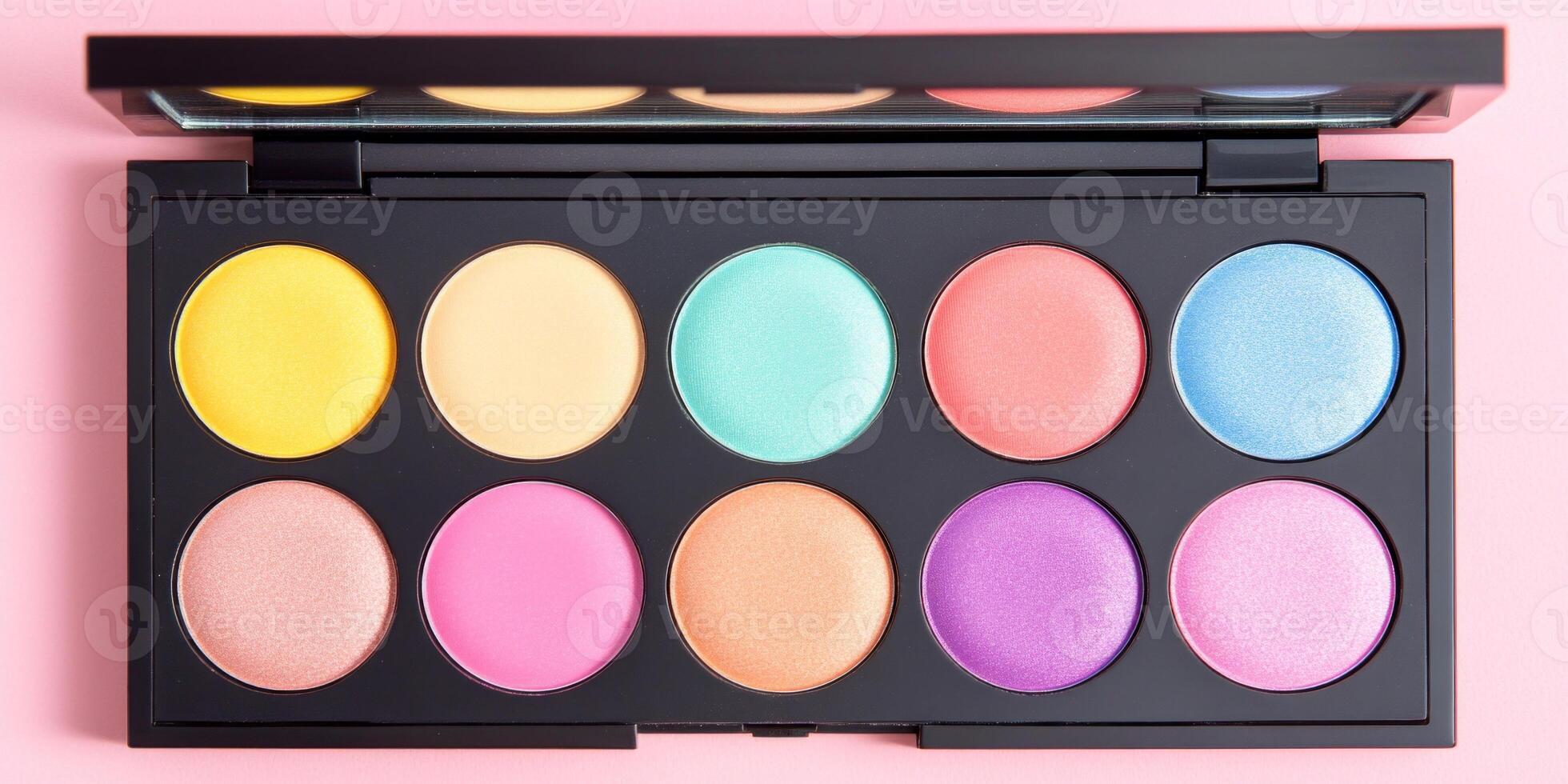 Vibrant makeup palette with colorful cosmetics on a pastel background in a cheerful and bright setting photo