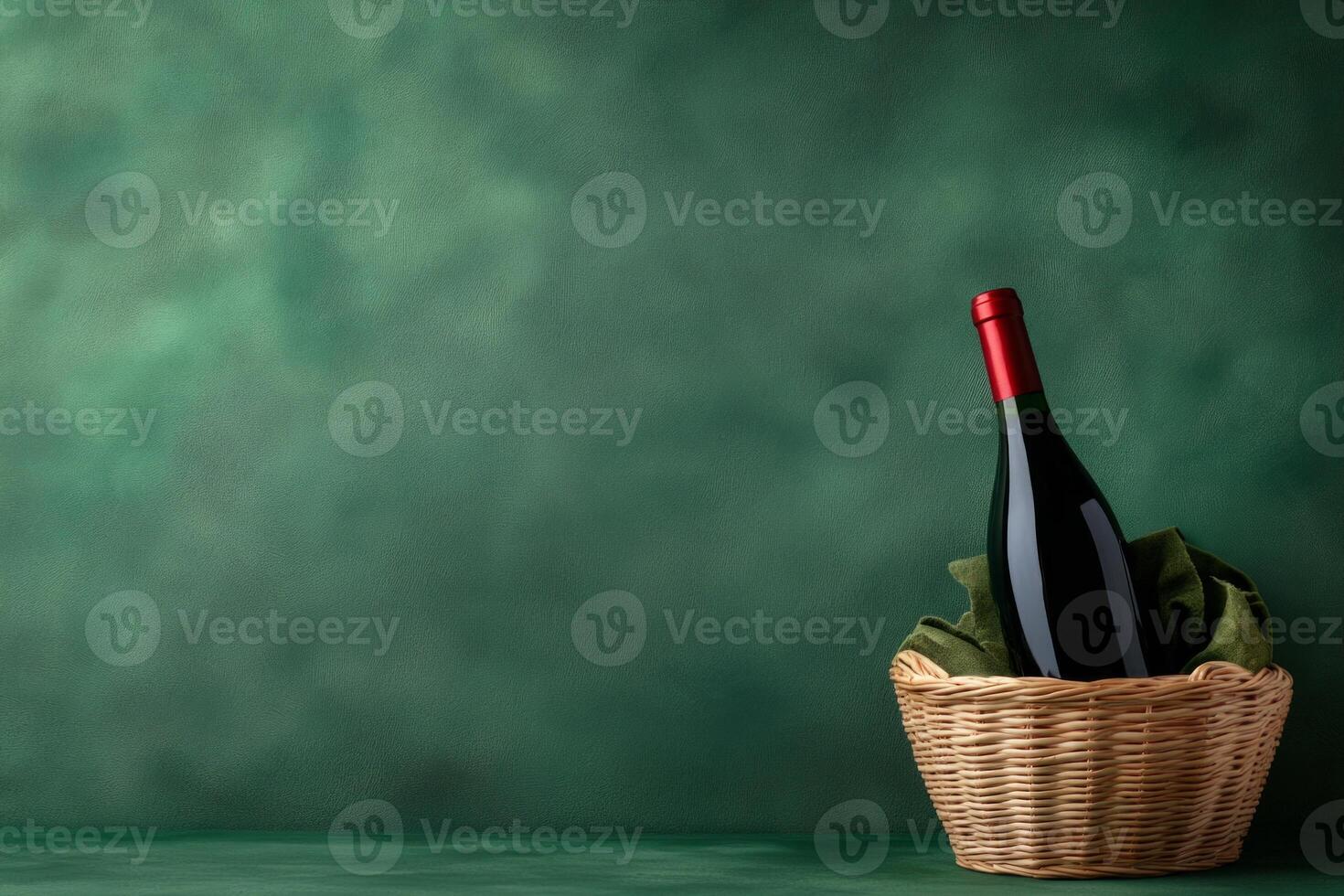 Elegant collection of dark red wine bottle nestled in a woven basket against a rich green backdrop photo