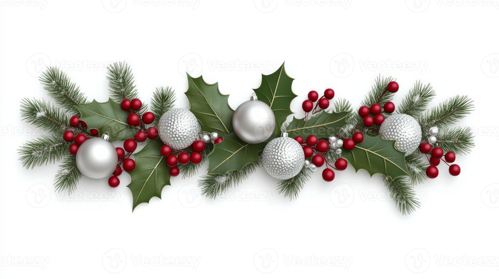 Traditional Christmas border featuring holly leaves, silver baubles, and red berries on a transparent background photo