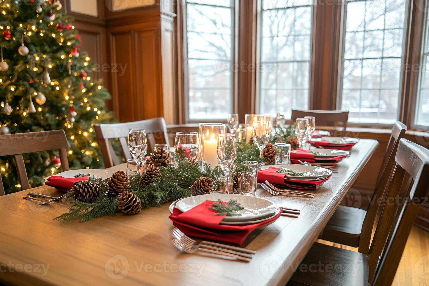 A beautifully decorated traditional Christmas dining room with festive table setting and glowing candles photo