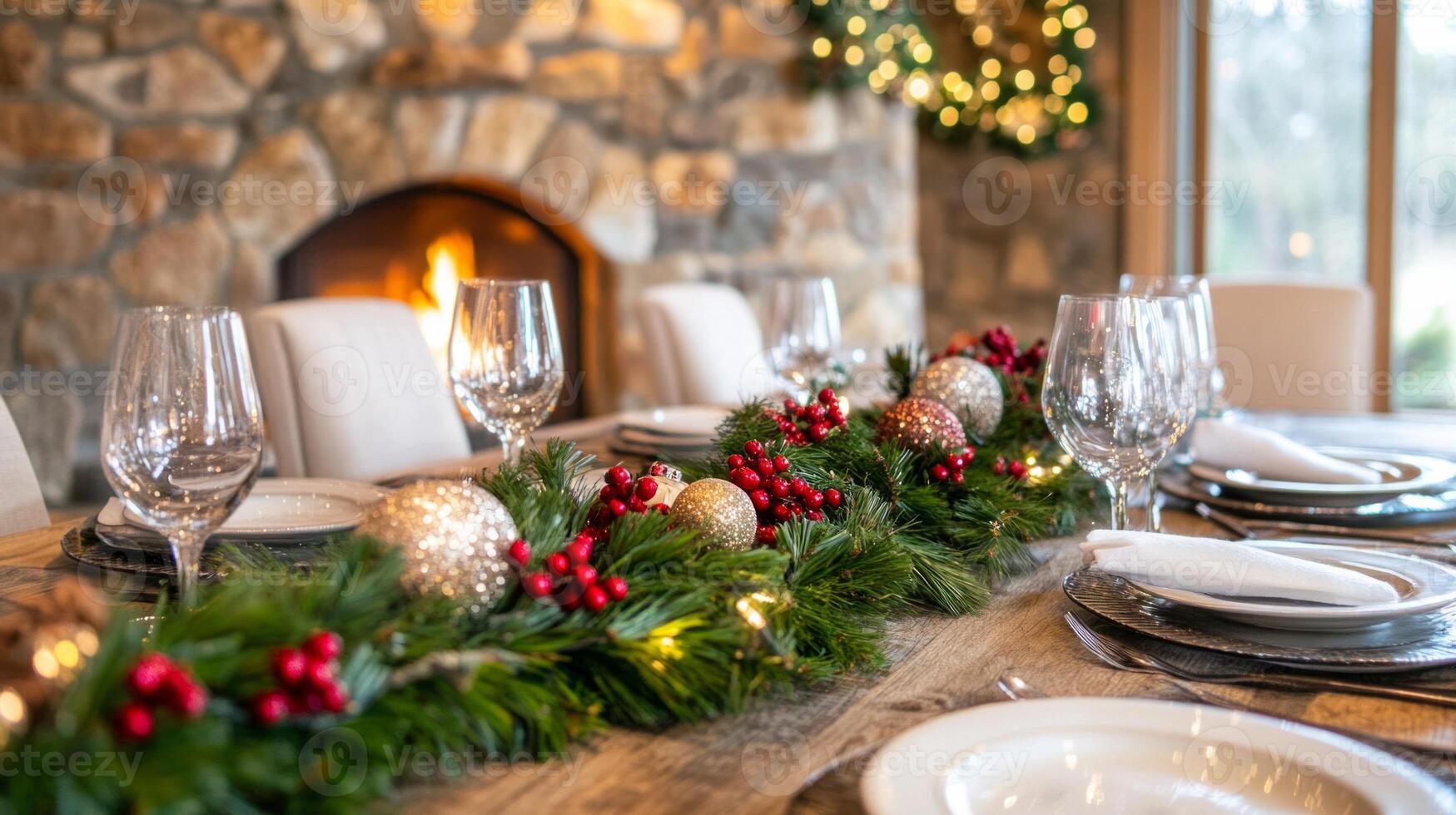 Cozy rustic Christmas dining room adorned with garlands and festive decor next to a warm glowing fireplace photo