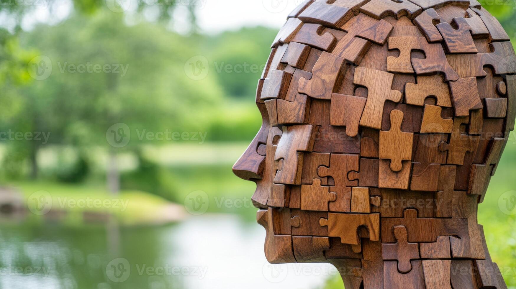 Wooden puzzle head sculpture in serene outdoor setting symbolizes personal growth and self-discovery photo