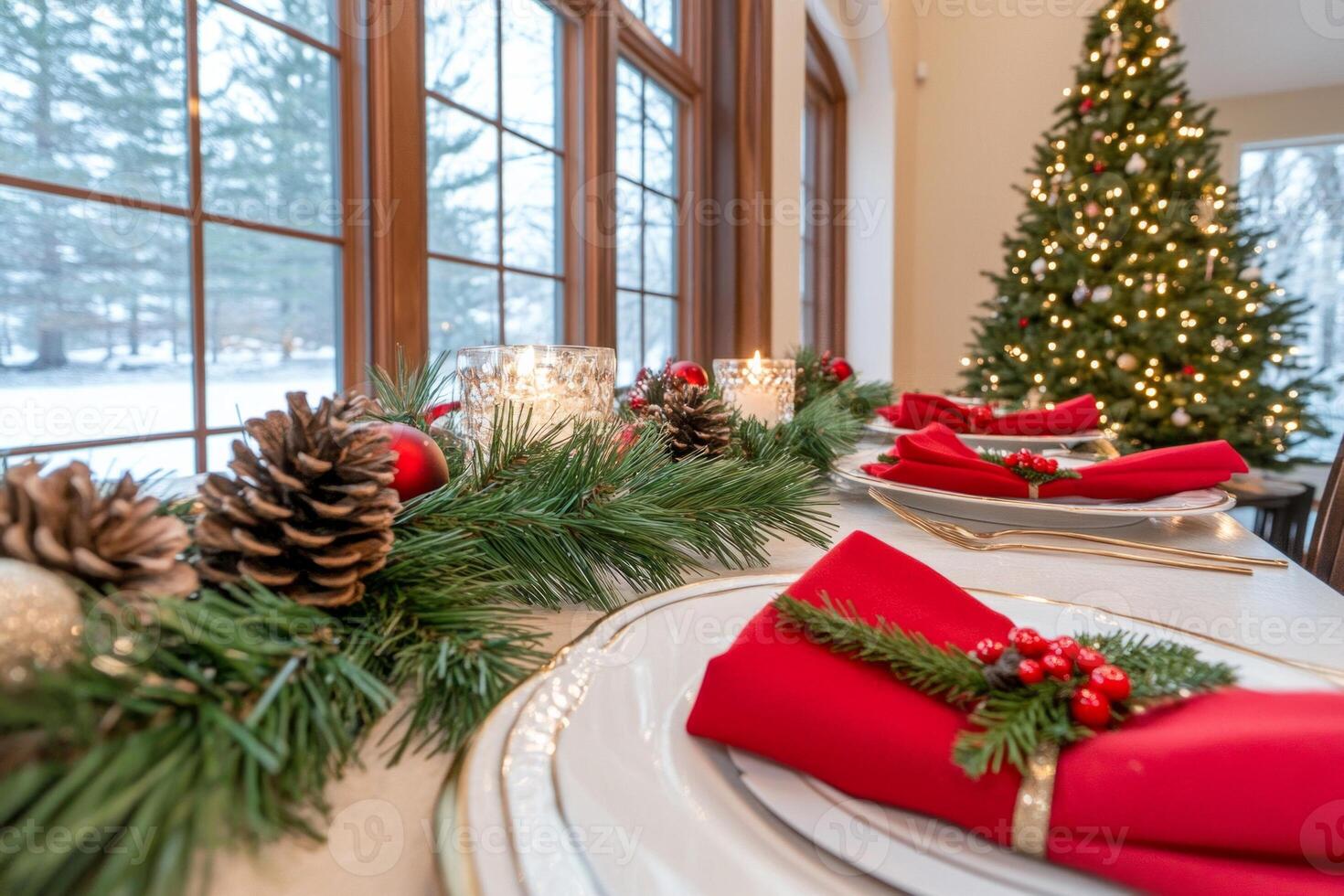 A festive traditional Christmas dining room setting featuring a beautifully decorated table and tree by the window photo