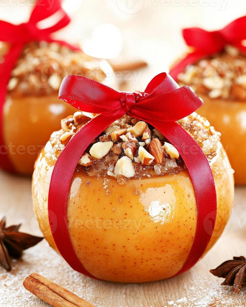 Delicious baked apple dessert filled with nuts and fruits surrounded by festive spices and decorations photo