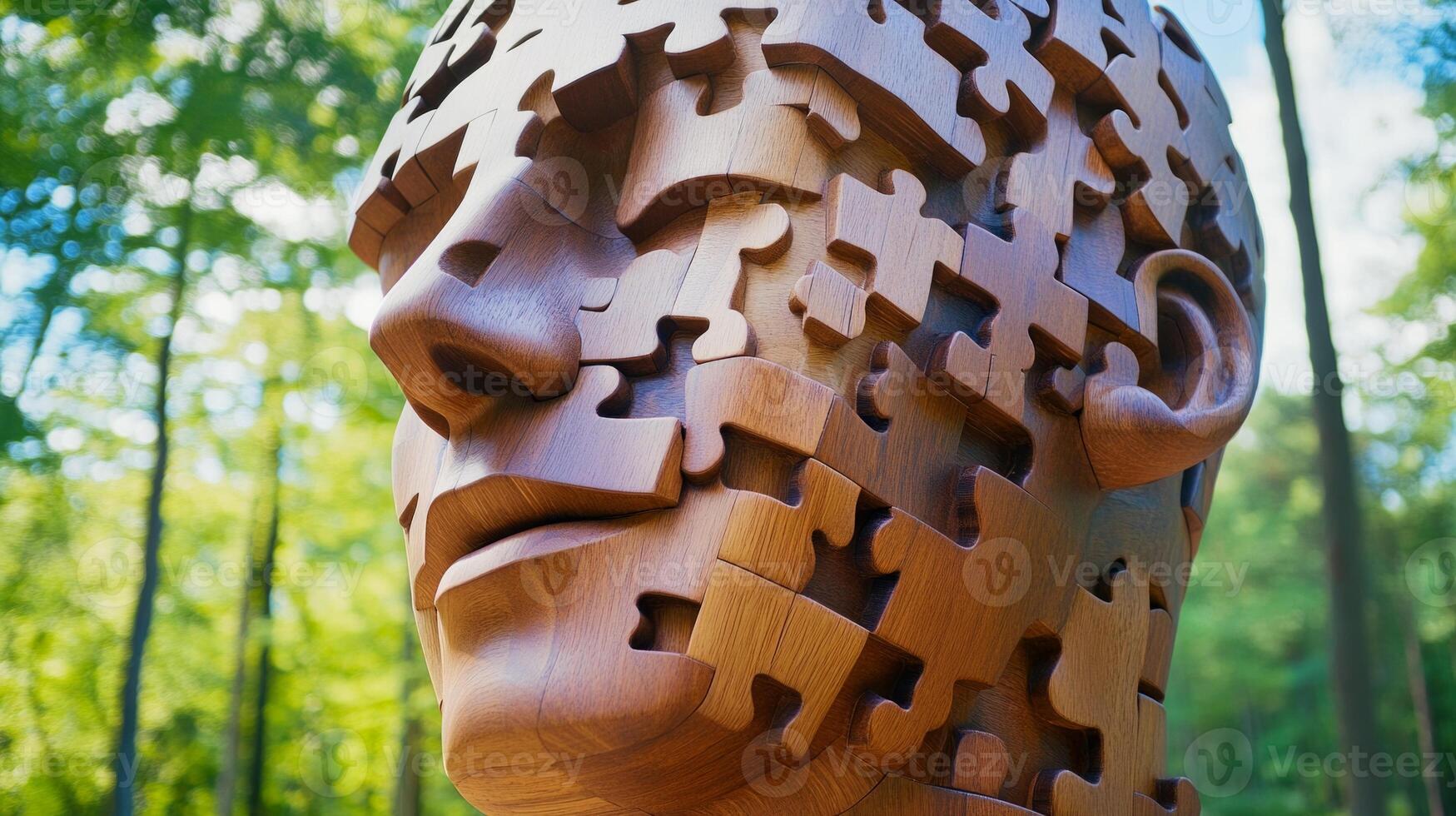 Wooden puzzle piece sculpture of a human head representing growth in a tranquil outdoor setting photo