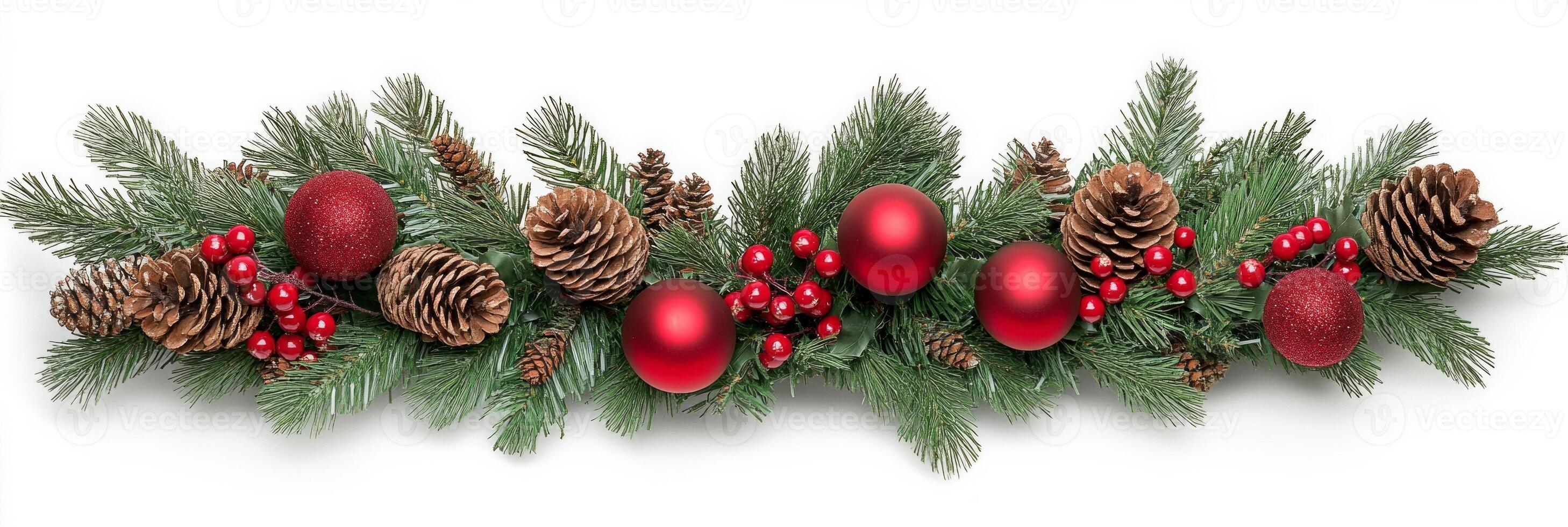 Traditional Christmas wreath with red berries and pine cones for festive holiday decor photo