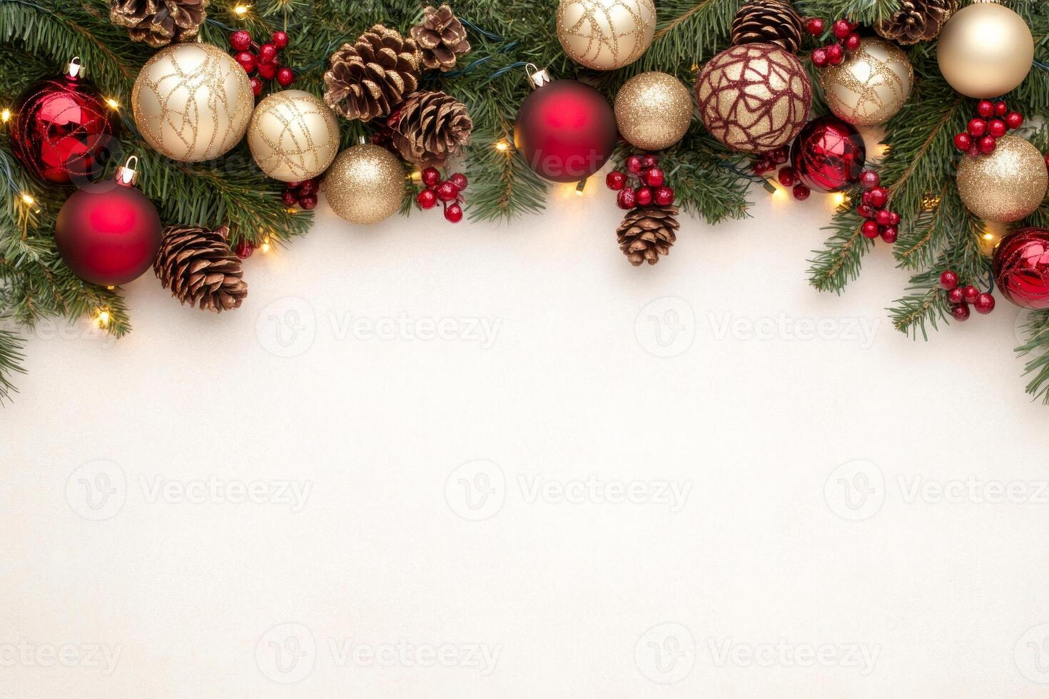 Bright and festive holiday background featuring a Christmas tree garland with red and gold ornaments on a white backdrop photo